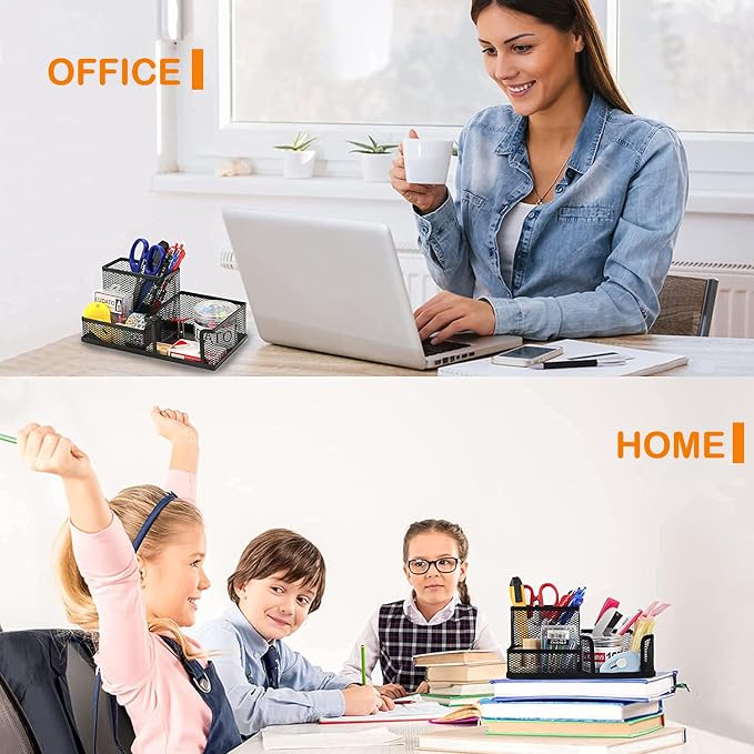Pen Holder for Desk, Desk Organizers Set-3 Compartments Mesh Pencil Holder with Pencil Pen Cup and Paper Clip holder, Desk Accessories for Marker Craft, Ideal Office School Supplies(3 pack, Black)