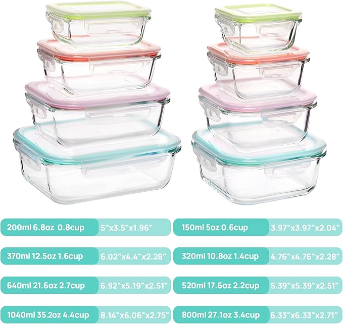 Vtopmart 8 Pack Glass Food Storage Containers with Airtight Lids | Meal Prep Lunch Containers, Leakproof, Leftover Storage, Take-out, Microwave, Oven, Freezer and Dishwasher Safe, BPA Free