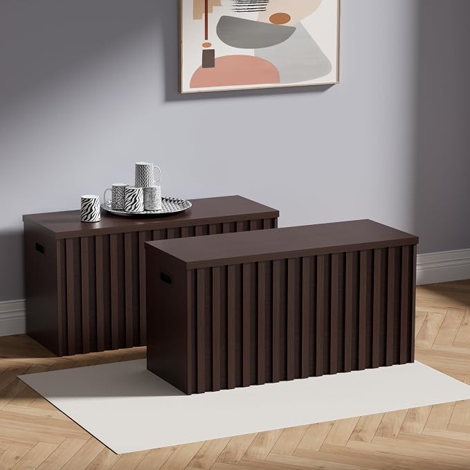 Storage Bench Set of 2, 39.4" Wood Storage Trunk with 2 Safety Hinges, Sturdy Storage Chest, Fluted Wood Leg, Walnut