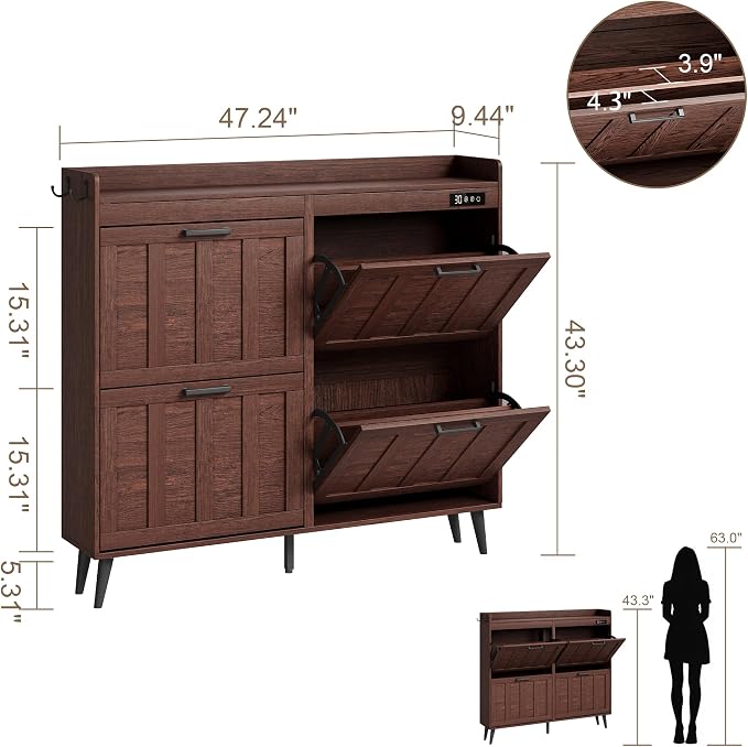 ChooChoo Shoe Storage Cabinet with 4 Flip Drawers and Deodorizer | Shoe Organizer Storage for Entryway, Freestanding Hidden Slim Narrow Shoe Rack Cabinet, Walnut