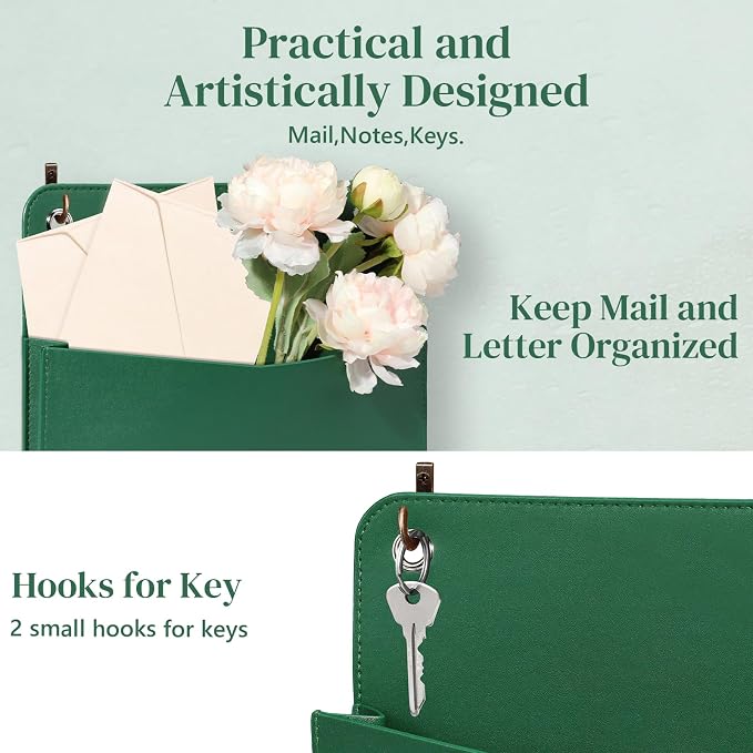 3 PCS Wall Mount PU Leather Mail Holder Green Faux Leather Letter Holder Stylish Wall Hanging Mail Storage 2 Ring Wall Mail Organizer for Flowers Envelope Key Notebooks Home Office Decor