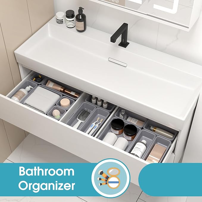 10 PCS Drawer Organizer Set, 4 Size Makeup Drawer Divider Organizer With Non-Slip Pads, Interlocking Plastic Storage Bins for Office,Jewelry Vanity,Gadgets, Bathroom,Kitchen, Grey