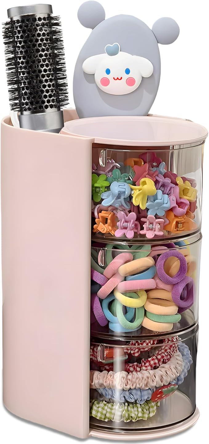 Azurphoric Hair Accessories Organizer with Hair Brush Holder(Pink, 3-Layer) | Rotatable Makeup Brush Holder for Necklaces, Earring, Bracelet, Ring, Makeup Brushes, Hair Clip and Hair Accessories