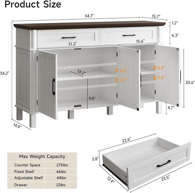 55 Inch Buffet Cabinet with Storage, Farmhouse Sideboard Buffet w/2 Drawers and 3 Doors, Wood Coffee Bar Cabinet with Adjustable Shelves, Sideboard Storage for Kitchen, Living Room, Off White