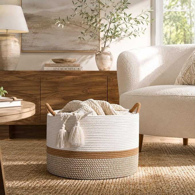 KAKAMAY Large Blanket Basket with Handles, Storage Basket for Living Room | Extra Large Capacity | Blanket Storage | Laundry Basket | Natural Cotton Rope | Stuffed Animal Storage | Woven Storage Basket