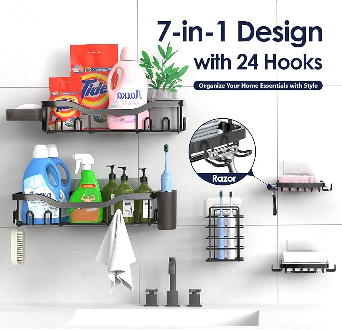 NESOMI 7 Pack Shower Caddy Adhesive,Stainless Steel Shower Organizer Shelf | Rustproof, with Soap Dish Toothbrush Holder, Large Capacity, No-Drill Rack Bathroom Storage Accessories, 24 Hooks, Home Decor