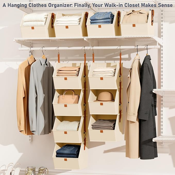 DIMJ Hanging Closet Organizer - 4 Tier Collapsible Hanging Shelves with Hooks Zipper, Fabric Clothes Organizer, Space-Saving Storage Bin Basket for RV, Bedroom, Laundry Organization