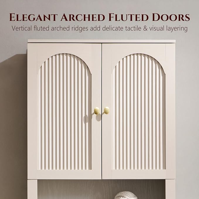 72" Over The Toilet Storage Cabinet, Modern Over Toilet Bathroom Organizer Shelf with Fluted Arched Doors, Wooden Free Standing Bathroom Storage Cabinet with Adjustable Shelf, Space Saver, Cream