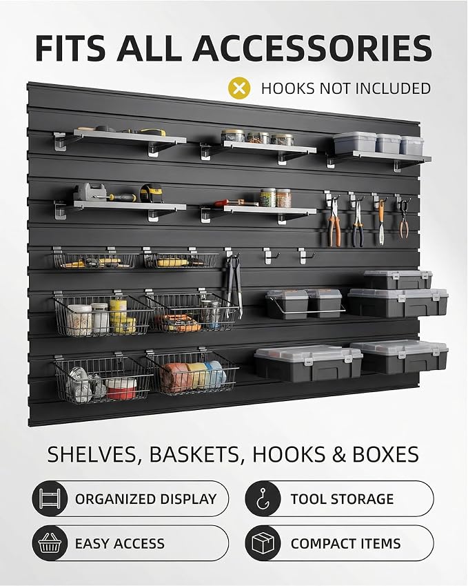 FRAYSCENT Slat Wall Paneling Garage Wall Organizer, Slatwall Panels Garage Tool Organizer Wall Mount Garage Slat Wall Storage Systems, Slat Board PVC Wall Panels (Black, 8ftx4ft with 2H Trim)