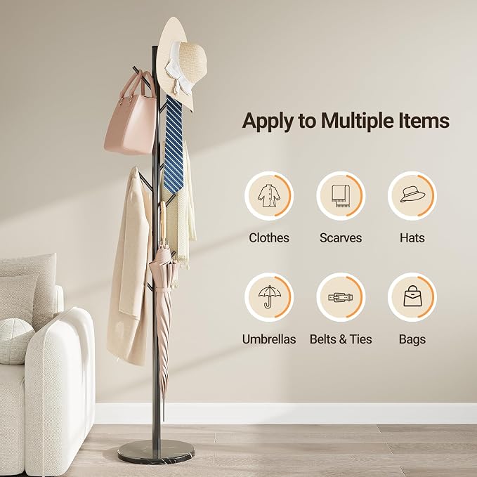 ELYKEN Coat Rack Freestanding, Metal Coat Rack with Natural Marble Base | 10 Hooks, 3 Adjustable Heights, Heavy Duty Coat Tree for Entryway, Hallway, Bedroom, Office, Black