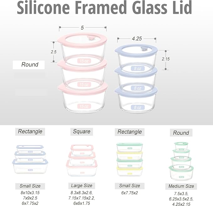 Glass Food Container Set with Glass Lid, 6 Pack, Meal Prep Containers with Silicone Framed Airtight Lid, Leakproof, 100% Plastic Free,