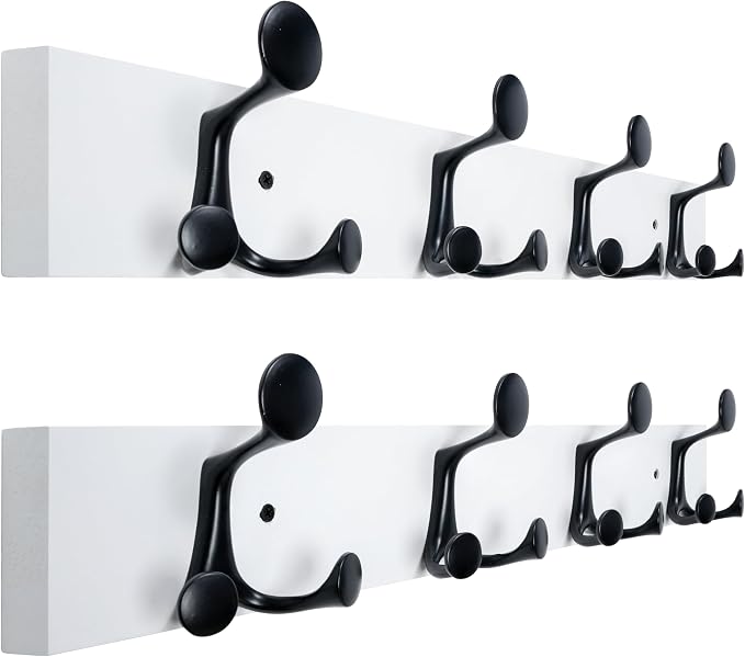 WEBI Coat Rack Wall Mount,24" Solid Wood Coat Hooks Wall Mounted Coat Hanger,16" Hole to Hole,Heavy Duty Hook Rack Rail,4 Triple Hooks for Hanging Coats,Jacket,Clothes,Hat,Backpack,White,2 Packs