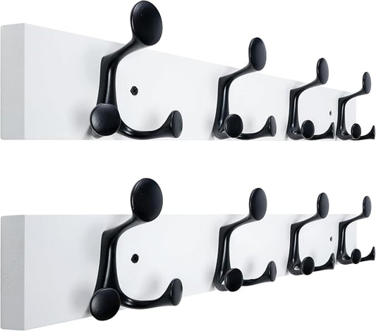WEBI Coat Rack Wall Mount,24" Solid Wood Coat Hooks Wall Mounted Coat Hanger,16" Hole to Hole,Heavy Duty Hook Rack Rail,4 Triple Hooks for Hanging Coats,Jacket,Clothes,Hat,Backpack,White,2 Packs