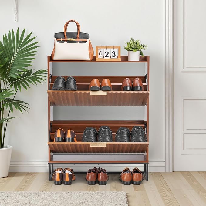 VEVOR Shoe Cabinet with 2 Flip Drawers, Mid-Century Shoes Storage Cabinet with Anti-Tipping Device, Freestanding Fluted Shoe Organizer, Ideal for Entrance, Hallway, Bedroom, Living Room, Walnut