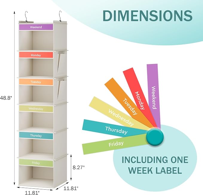 YOUDENOVA Weekly Clothes Organizer for Kids, Hanging Closet Organizer | Days of the Week Clothes Organizer, Reinforced Bamboo Slats, Kids' School Outfit Planning, Breathable Fabric, 2 Side Pockets