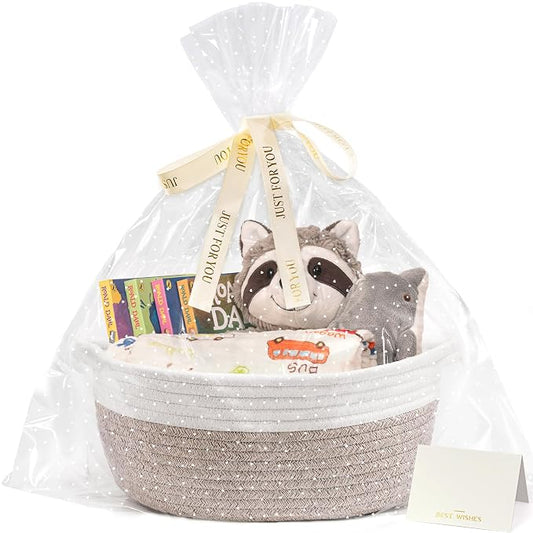 CHICVITA Rope Gift Baskets Empty with Bags & Ribbon, Boo Basket, Brown | 12"x 8"x 5" Small Woven Basket for Gift for Halloween Christmas Day, Cute Baskets for Snacks Toys with Durable Handles