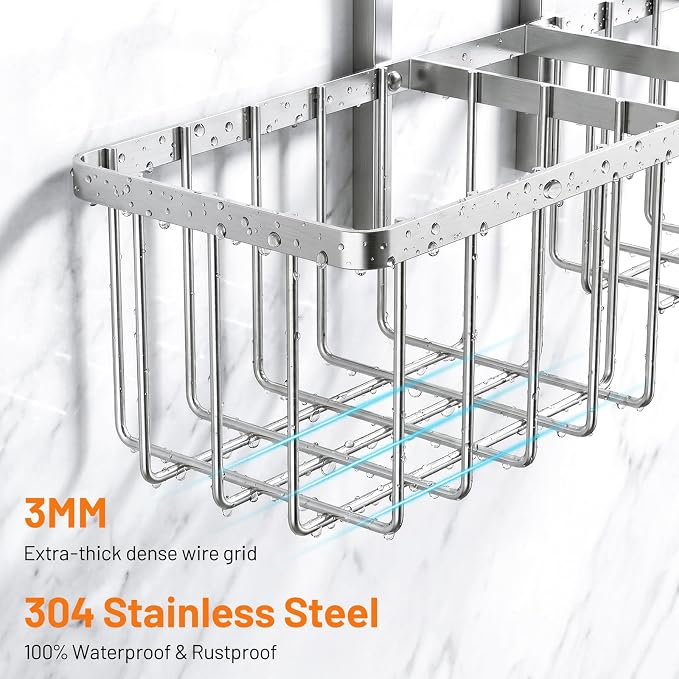 Luxspire Shower Hanging Caddy Overhead, Hanging Shower Organizer, Silver | No Drilling Required, Height-Adjustable, Thickened Rustproof Stainless Steel, Heavy-Duty, Include 8 Hooks And Soap Holder