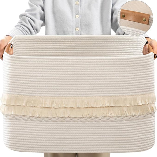 danpinera 108L Large Basket for Living Room, Boho Decorative Basket Organizing with Handles, Cotton Rope Storage for Toys, Pillows, Clothes, 25’’*16’’*16’’ White