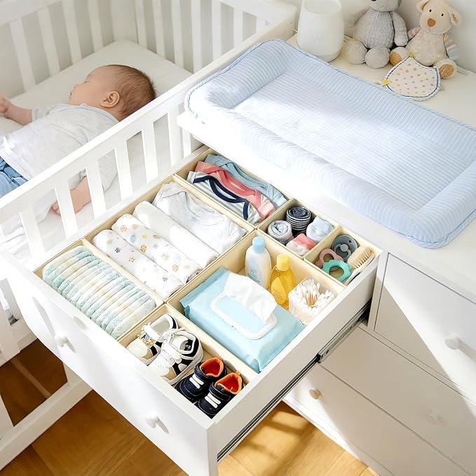 DIMJ Drawer Organizer Clothes, 28 Pack Dresser Organizer, Foldable Closet Organizers and Storage, Fabric Dresser Bins, Drawer Dividers for Nursery, Baby Clothes, Underwears, Sock,Beige