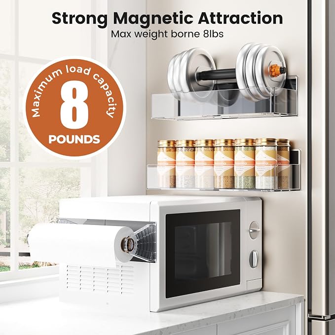 Magnetic Spice Rack for Refrigerator,6 Pack Magnetic Shelf,Fridge Magnet Organizer with Paper Towel Holder,Utensils Racks,Hook Rack,Deepened Basket,Fridge Organizers and Storage Clear(6 Pack)