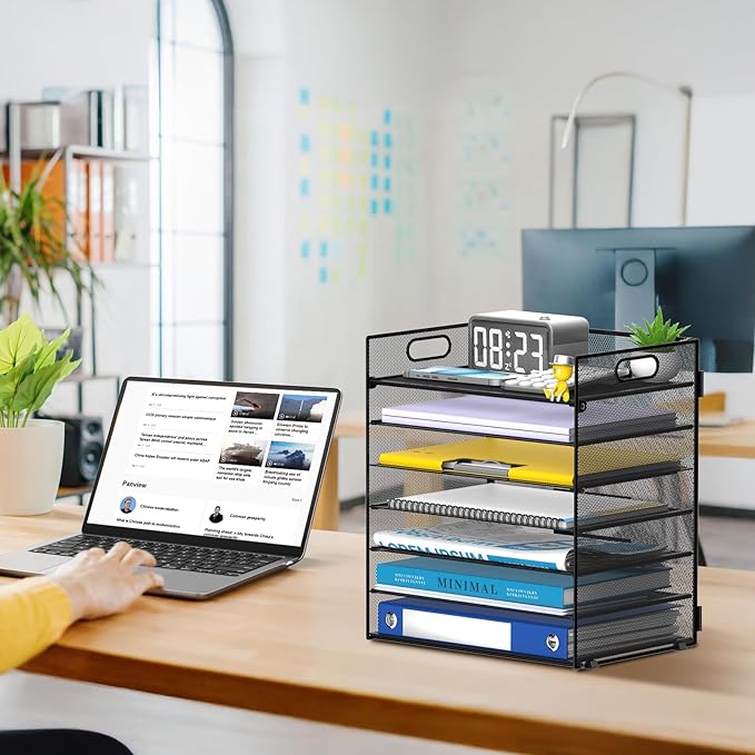 7 Tier Paper Organizer for Desk with Letter Trays & Handle Black | Black Desk File Organizer with Handle for Sorting Papers, Files, Folders, Mail, Bills and Office Supplies