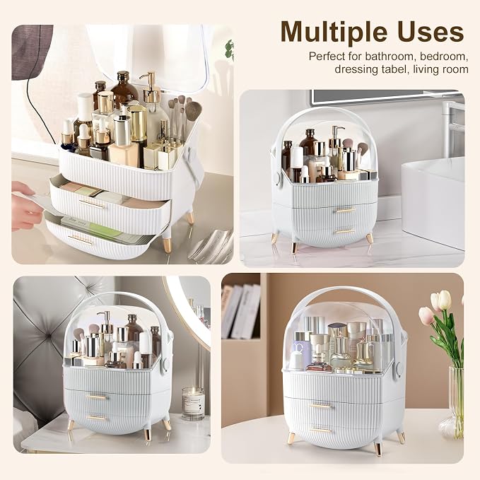Makeup Organizer, Large Skincare Organizer for Vanity with Drawers & Cover | Makeup Storage Box, Large Capacity Cosmetic Display Cases Makeup Storage Box for Bedroom, Bathroom, Gifts for Women(White)