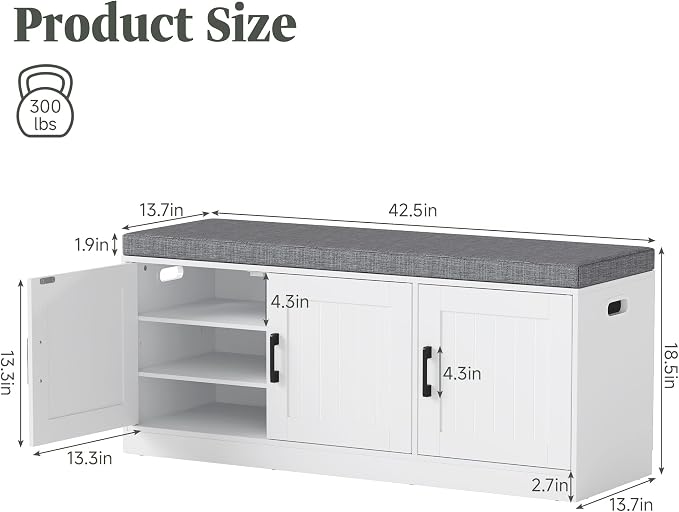 Turosur Shoe Storage Bench with Cabinet, 3-Tier Entryway Bench with Padded Seat Cushion, Shoe Cabinet Bench with 4 Adjustable Shelves for Bedroom, Mudroom, White
