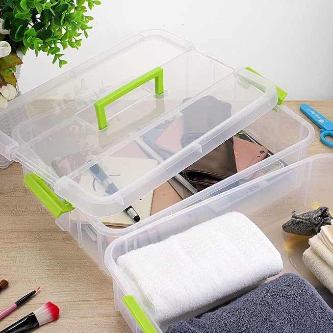 JUXYES 2-Tiers Plastic Stack Carry Storage Containers Box wih Handle Lids | Clear Stackable Latching Craft Storage Bin for School Office, Organizing Stationery, Sewing, Art Craft, DIY Supplies, Green