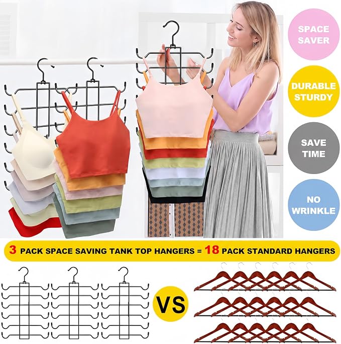 Stainless Steel Closet-Organizer-and-Storage, 3 Pack Tank Top Hanger Space Saving, Non-Slip 6-Tier Hanging Sport Bras Holder for Small Space Organization, RV Apartment Dorm-Room-Essentials