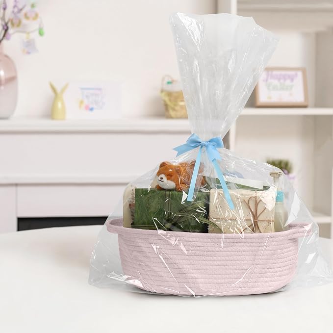 MEGASKET Pink Small Woven Basket, 13” x 9” x 5” Baskets for Gifts Empty, Cotton Rope Gift Basket, Cute Nursery Baby Organizer, Cat Dog Toy Bin Box, Wicker Storage Bin with Handle