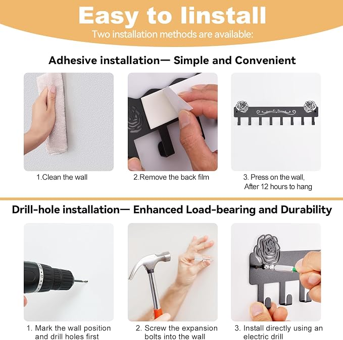 2-Pack Premium Iron Key Holder for Wall – Dual Installation | key holder wall mount Dual Installation: Wall Mount & Adhesive, 8 Hooks Key Rack for Entryway, Bathroom, Kitchen, Office
