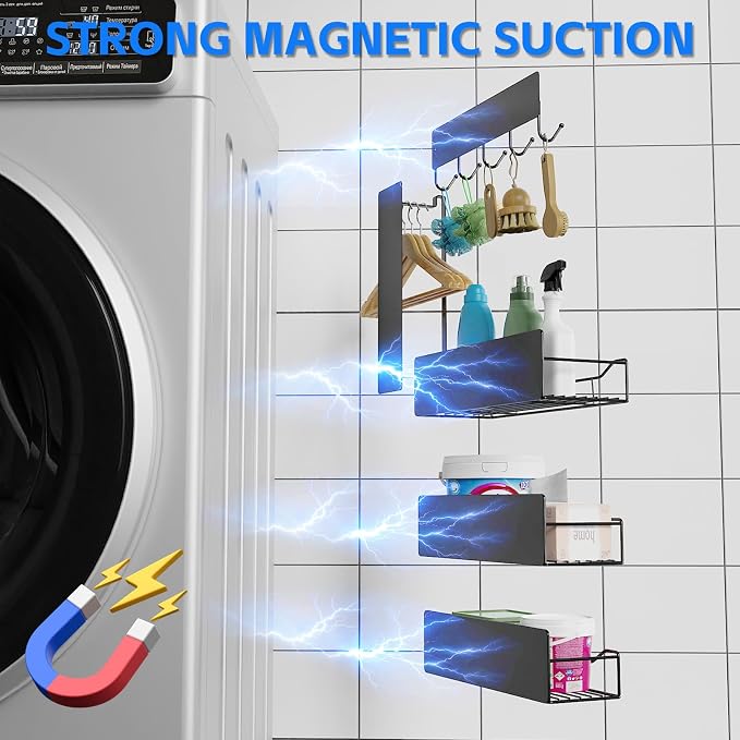 Magnetic Spice Rack for Refrigerator, 5 Pack Magnetic Fridge Organizer Shelves, Strong Magnetic Hold, No Drilling, Space Saving Storage Rack for Kitchen Spice Jars, Pantry & Refrigerator (Black)