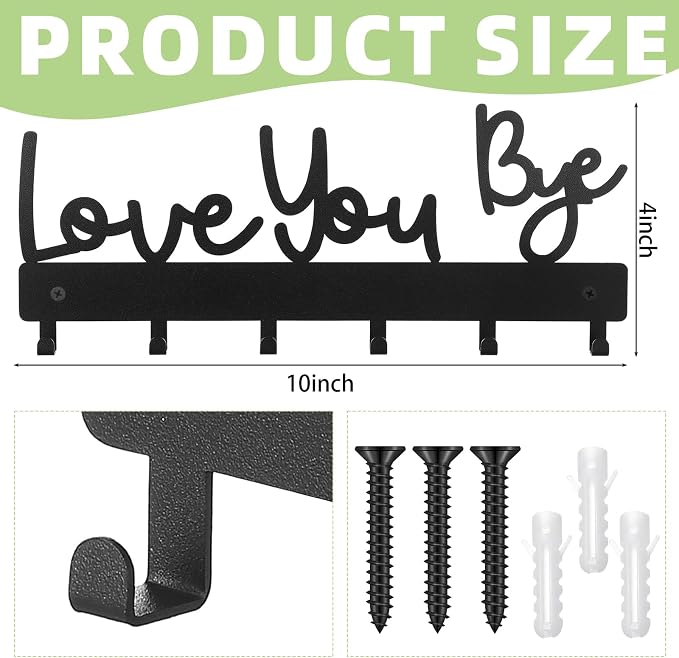 Key Holder Wall Mount Love You Bye Key Holder Hook Rack Organizer Hanger with 6 Hooks for Wall Express Love Art Sign Decor for Entryway Front Door(Hook Style,10 x 4)