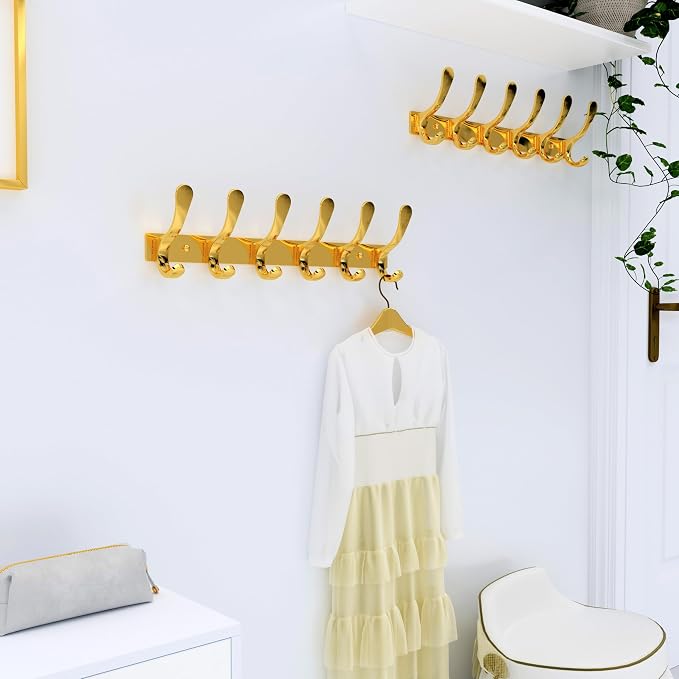 SKOLOO Heavy Duty Wall Mounted Coat Rack - 6 Hooks, Stainless Steel, Sturdy Coat Hooks for Hanging Coats, Jacket, Clothes, Hat, Bright Gold