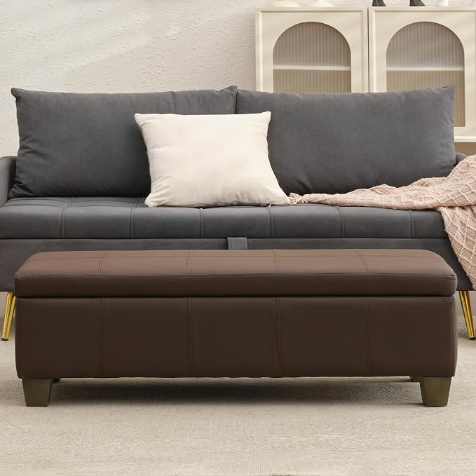 51 Inch Storage Ottoman, Storage Bench with Safety Hinge, Upholstered Synthetic Leather Ottoman Bench for Bedroom, Living Room, Entryway, Hallway, Foot Rest, Support 500lbs, Brown