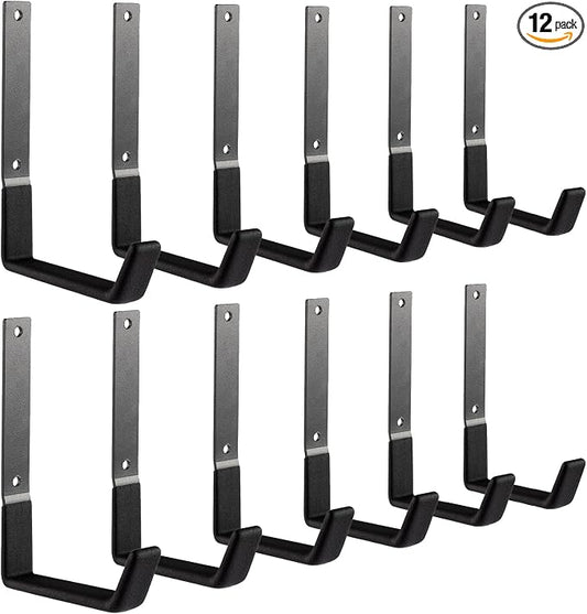 Heavy Duty Steel Hooks - Garage & Garden Tool Organizer, Wall Mount Hooks, Hose Hanger (12, Large)