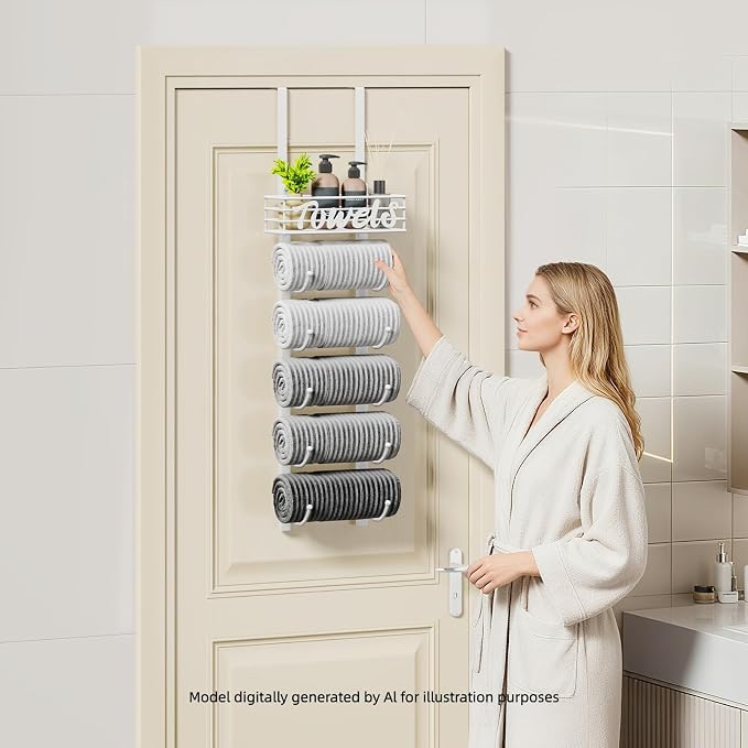 SWTYMIKI Hanging Towel Racks for Bathroom - 6 Tier Over The Door & Wall Mounted Bath Rolled Towel Storage Organizer Holder for Small Bathroom, RV, Camper, White (Patented)
