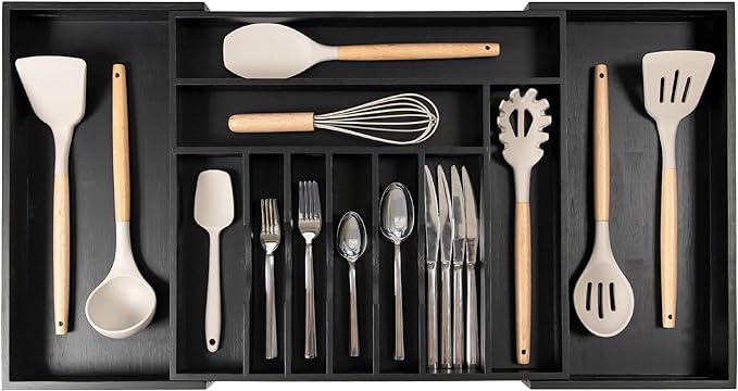 KitchenEdge Silverware & Utensil Drawer Organizer, 18-33 in, Black Bamboo | Cutlery, flatware, food-safe contract grade, kitchen drawer fit