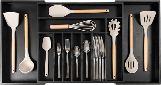 KitchenEdge Silverware & Utensil Drawer Organizer, 18-33 in, Black Bamboo | Cutlery, flatware, food-safe contract grade, kitchen drawer fit