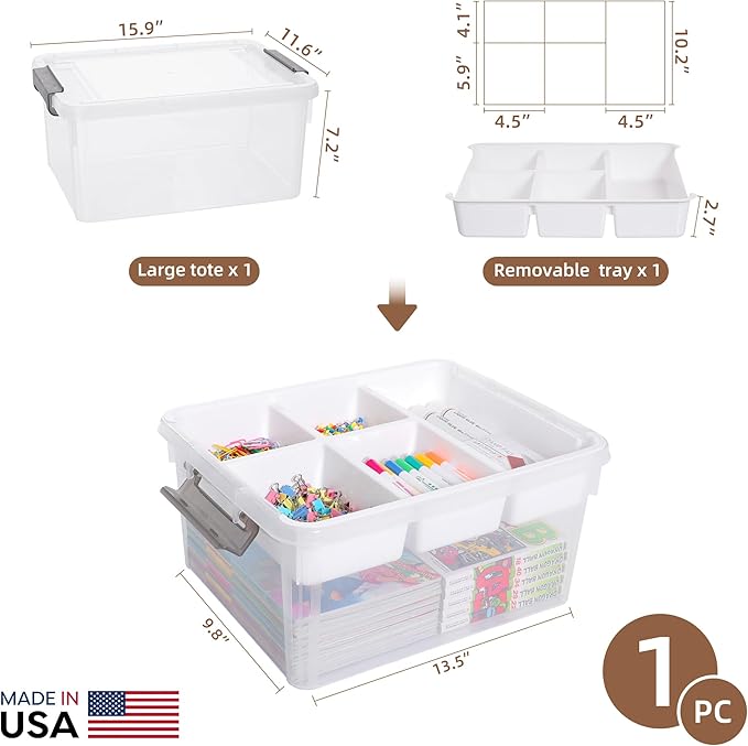 Citylife 17QT Clear Craft Organizers and Storage Box with Removable Tray | Stackable Art Supply Organizer Storage Bins with Lids for Beads, Markers, Sewing, Tools, Playdoh, Coloring Books, Made in USA