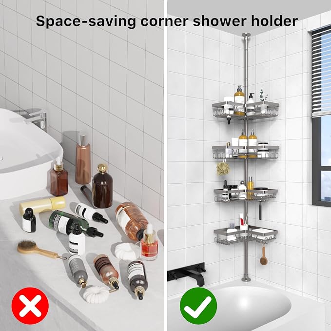 KEGII Corner Shower Caddy Tension Pole, Bathroom Organizer, Gunmetal Gray | 4-Tier Rustproof Storage with Soap Dish, Razor Holder and Hooks, Space-Saving Bathtub Shelf for Apartments and Families
