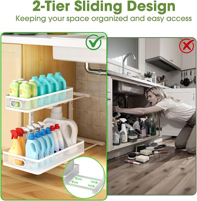 Under Sink Organizer 2-Pack, Metal 2-Tier Pull-Out Cabinet Shelf with Slide-Out Mesh Drawers, Height Adjustable, Space-Saving Under Sink Storage Racks for Kitchen, Bathroom, Laundry Room, White