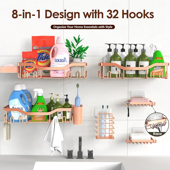 NESOMI Shower Caddy Adhesive Shower Organizer 8-Pack, Rustproof Stainless Steel Bathroom Shelves, Large Capacity No-Drill Rack Storage Accessories with Soap Dish Toothbrush Holder Hooks