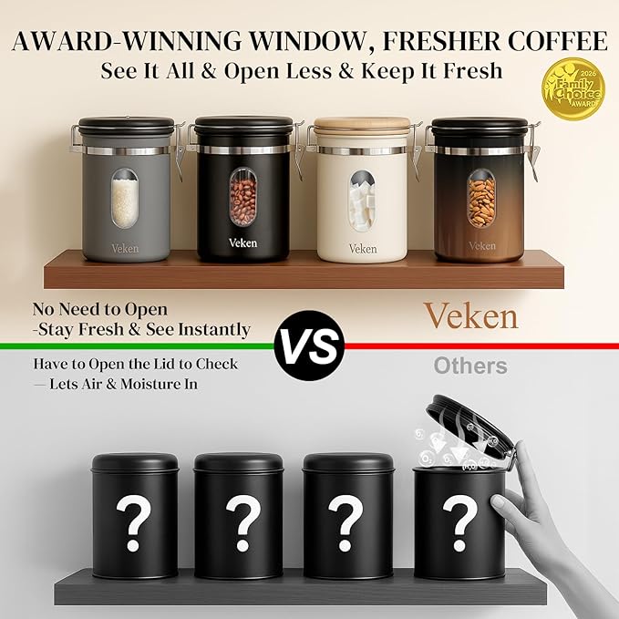 Veken Coffee Canister with Window, Airtight Stainless Steel Container, 22OZ | Gifts For Women, Kitchen Food Storage for Beans,Ground,Espresso,Rice,Tea, Sugar, Cereal, Lids,Jars, Scoop, Cream