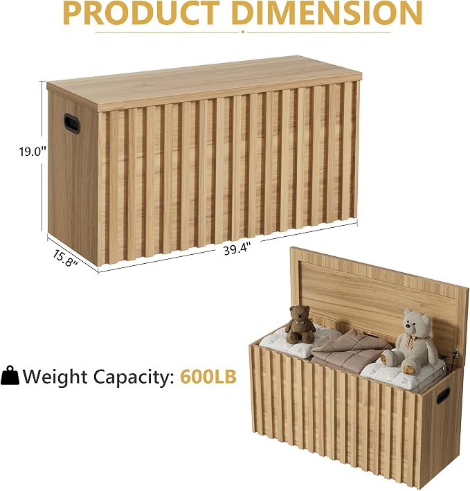 Storage Bench Set of 2, 39.4" Wood Box, Storage Trunk with 2 Safety Hinges, Ottoman Storage Chest Set of 2, Fluted Storage Bench for Bedroom, Shoe Bench for Bedroom, Living Room (Natural Wood)