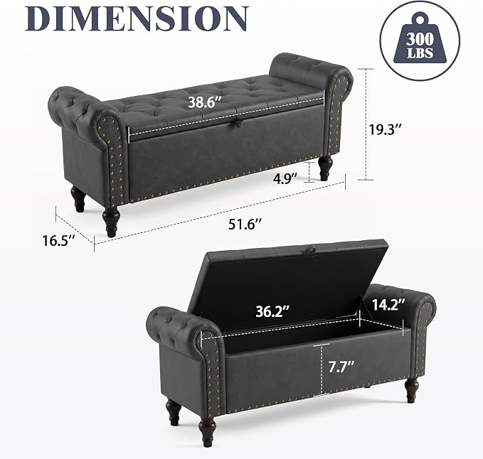 51" Storage Bench for Bedroom, Upholstered Ottoman Bench, Leather DarkGray | End of Bed Bench for Bedroom, Window Benches for Living Room, Entryway, Ottoman with Large Storage Space, Pet Friendly