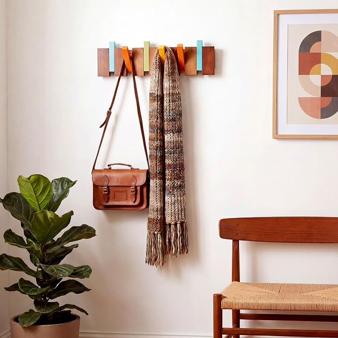 Youyole 6 Hook Wood Coat Rack Wall Mount Mid Century Modern Wooden Coat Hooks Colorful Heavy Duty Flip Down Piano Hat Rack for Hanging Coats Keys Hats Robe Towels Home