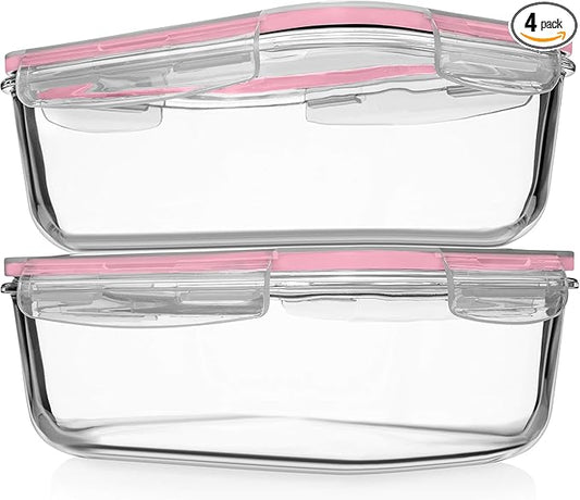 Razab 4 PC 1860ml / 63 Oz / 8 Cups Large Glass Food Storage Containers with Lids - Glass Meal Prep Containers for Roasting & Storing Leftover, Lunch Container with Lids, Microwave & Oven Safe