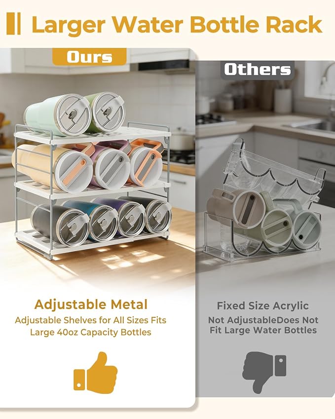 Cirhy 12" Tall 3-Tier Expandable Water Bottle Organizer – Fits 20-40 oz Stanley, Owala, Yeti Tumblers, Shaker Cups & Travel Mugs – Adjustable Storage Rack for Cabinet, Kitchen & Pantry Organization | Adjustable 12" Tall Bottle Rack, Fits 20-40 oz Tumbl...