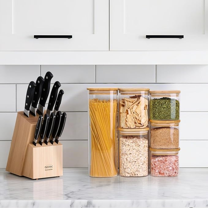 ComSaf Pasta Containers Storage 2.2 Qt, Spaghetti Jar, Set of 3 Tall Jars | Glass Storage Containers wtih Lids, 11.3-inch High Glass Kitchen Canisters Square, Cereal, Noodles, Oats, Dry Food, BPA Free